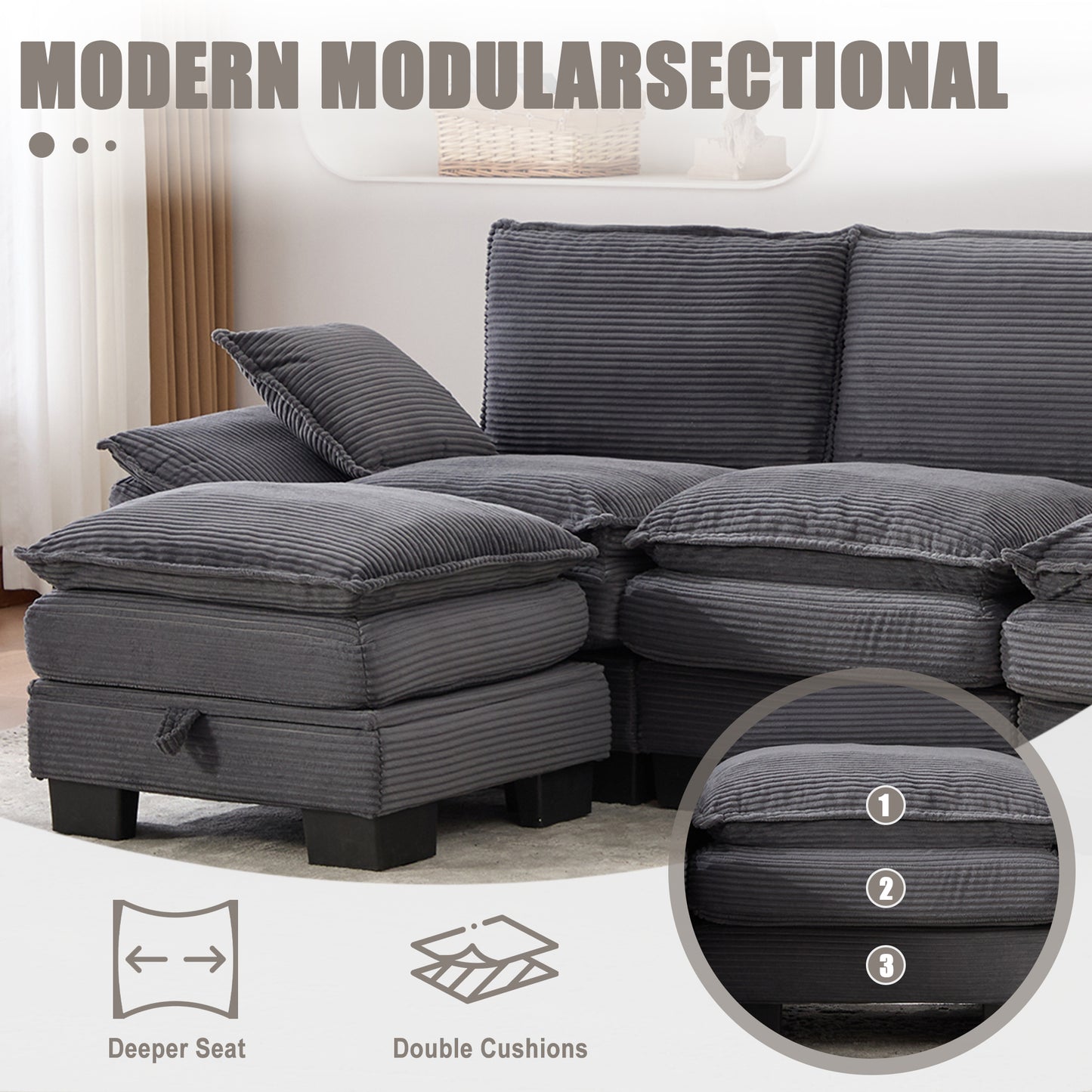 Modular Corduroy Sectional Sofa - Dark Gray, Deep Seat Comfort