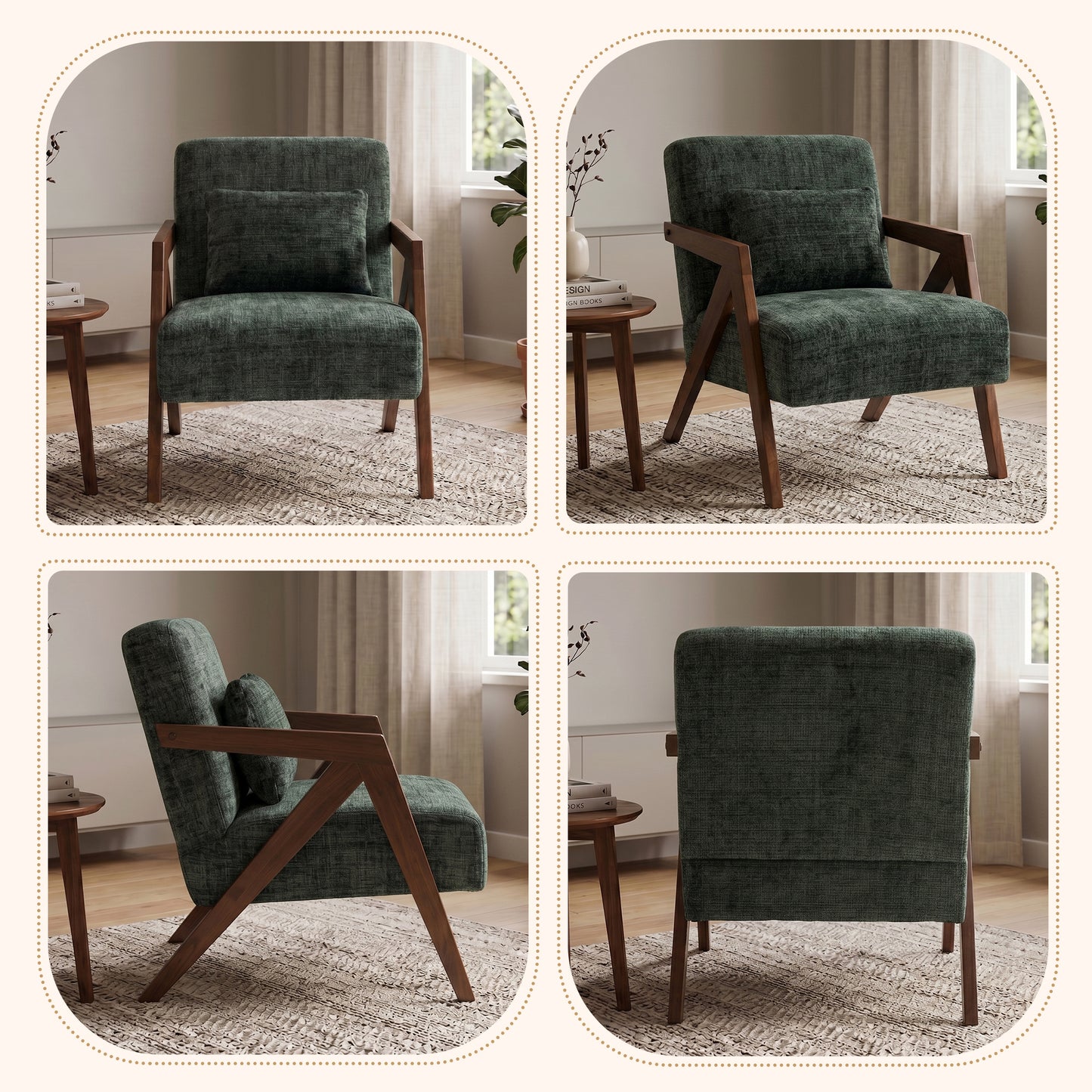 Mid-Century Modern Accent Chair - Dark Green Chenille Upholstered