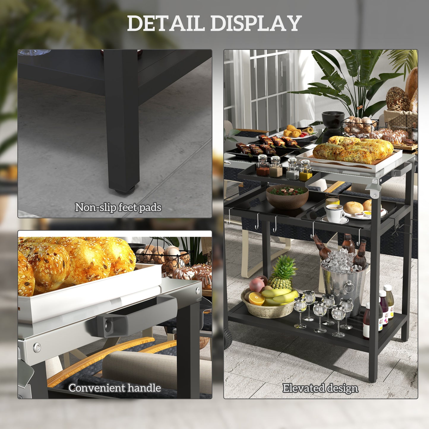 2-Tier Outdoor Bar Cart with Stainless Steel Top - Black
