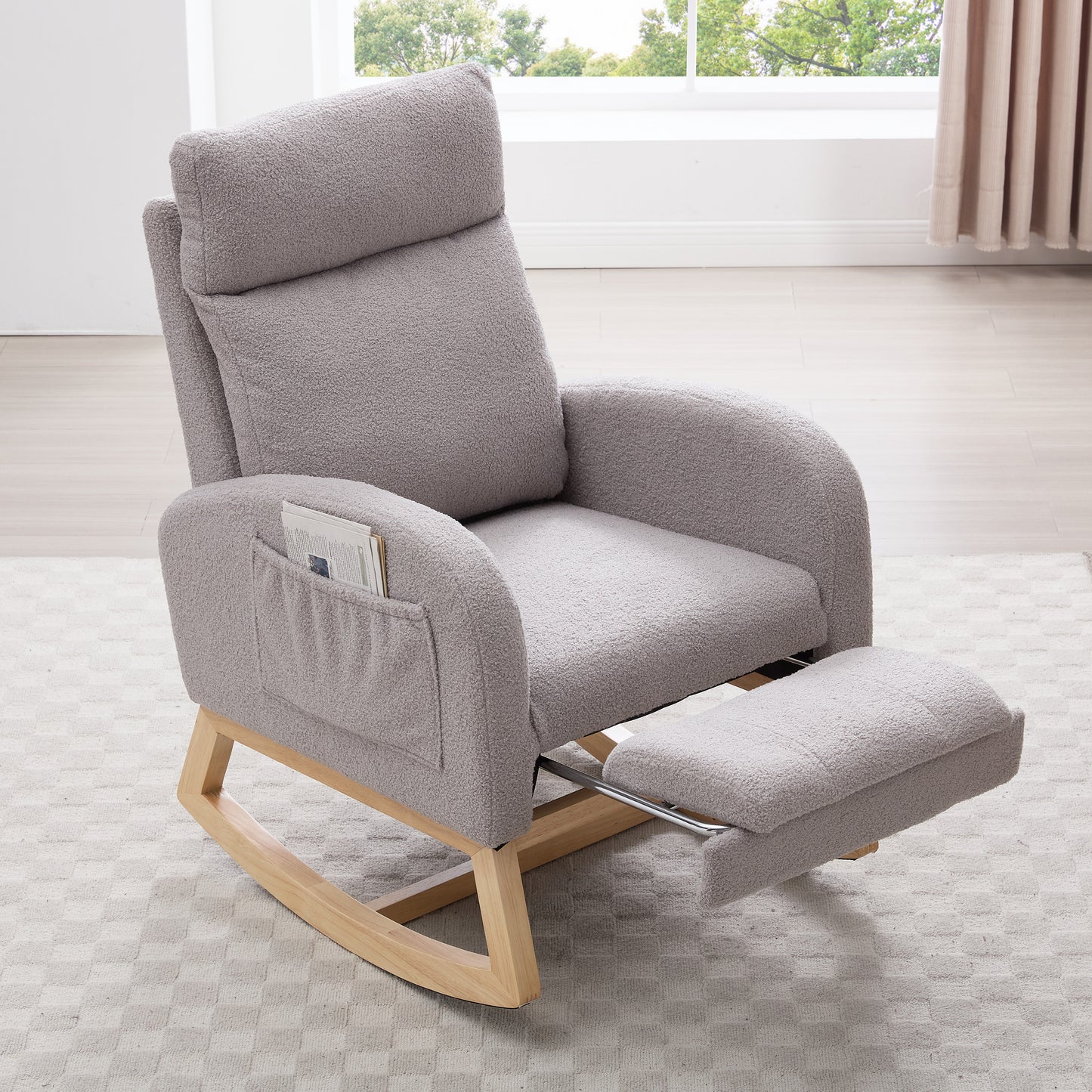 Modern Teddy Fabric Rocking Chair with Adjustable Footstool - Light Gray