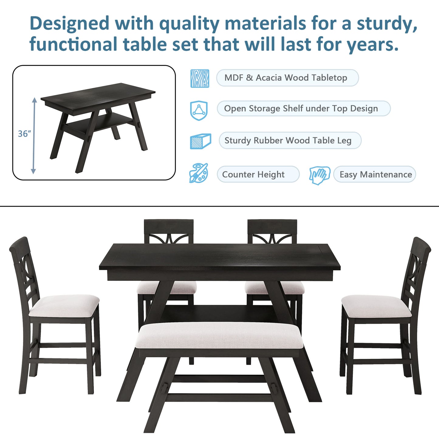 6-Piece Wood Counter Height Dining Table Set with Storage Shelf