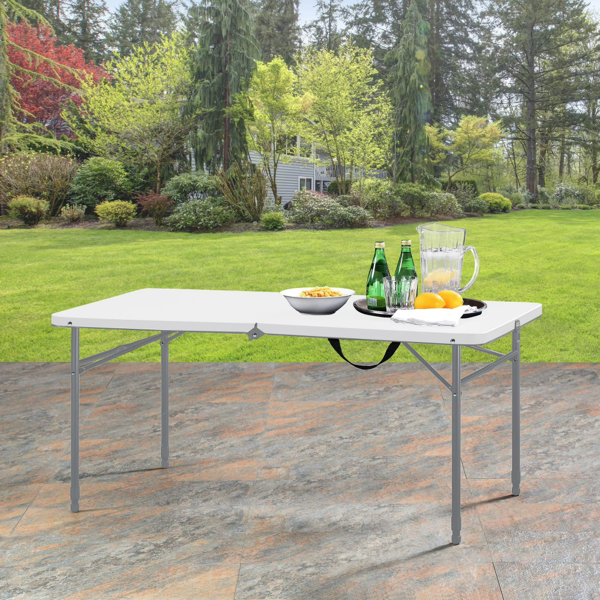 4-Foot Adjustable Folding Table - White, Portable & Durable