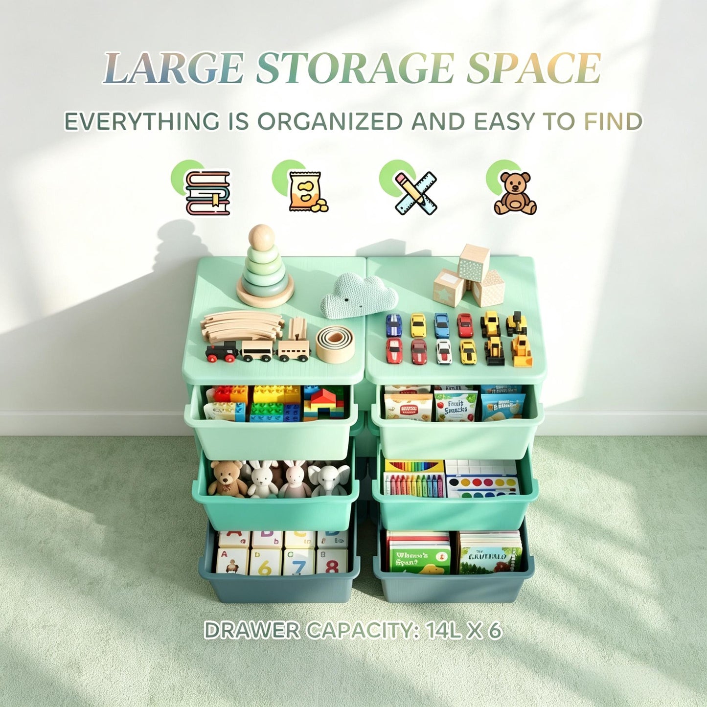 Vertical Drawer Unit Toy Organizer - Green Storage Tower