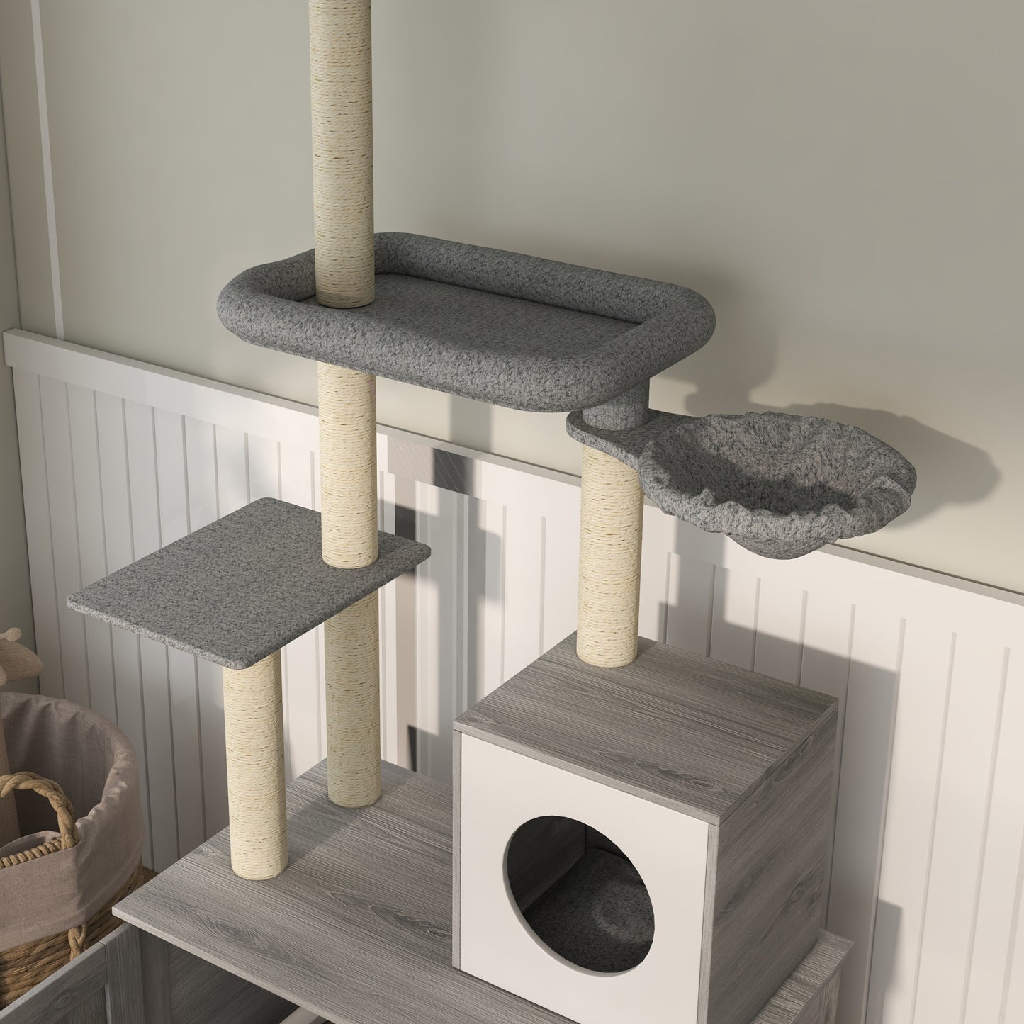 2-in-1 Cat Tree with Enclosed Litter Box, Condo, Hammock & Shelves - Gray
