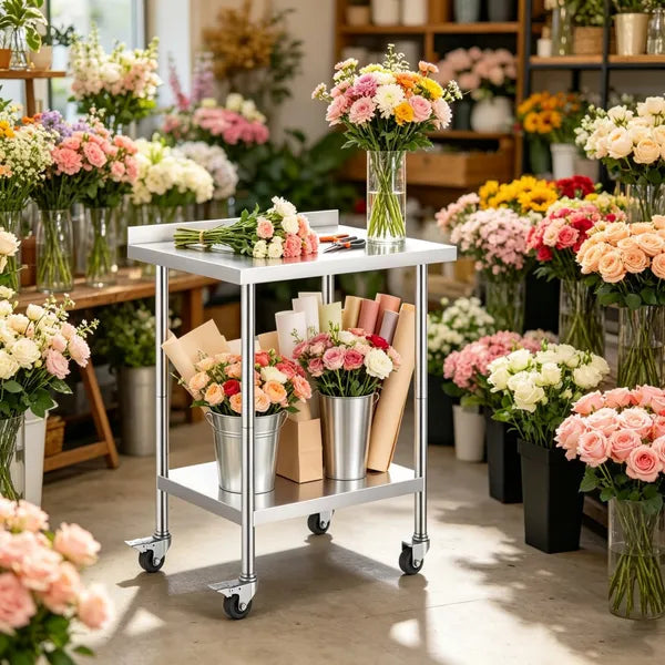 Sleek Metal Work Table With Easy To Clean And Adjustable Shelves For