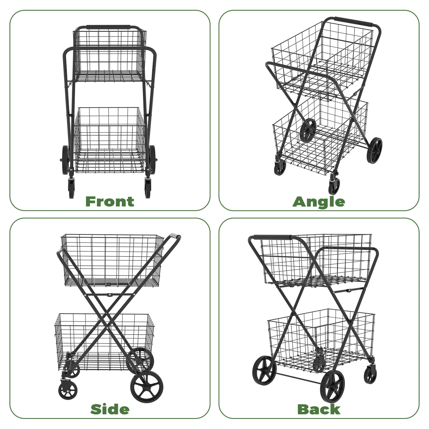 Jumbo Foldable Grocery Cart with Double Baskets - Antique Black