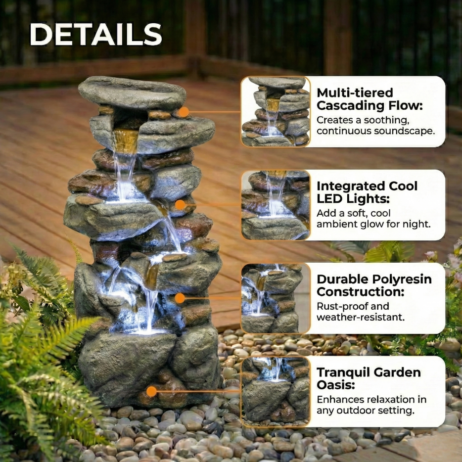 Large Outdoor Water Fountain with LED Lights - Stone-Style Garden Decor 30in