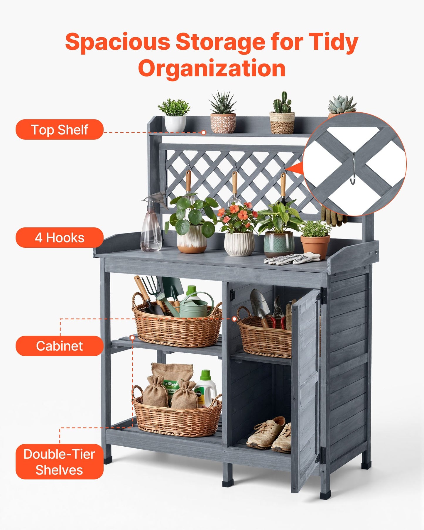 Outdoor Potting Bench Table with Storage Cabinet & Shelves - Wooden Workstation for Gardening, Gray