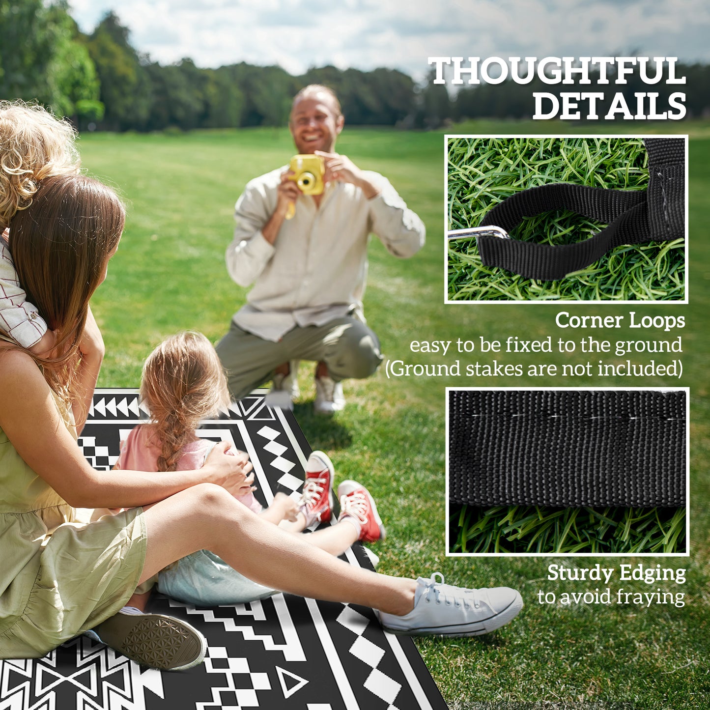 Reversible Outdoor Rug - Waterproof Plastic Straw, 9' x 18', Black & White Patchwork