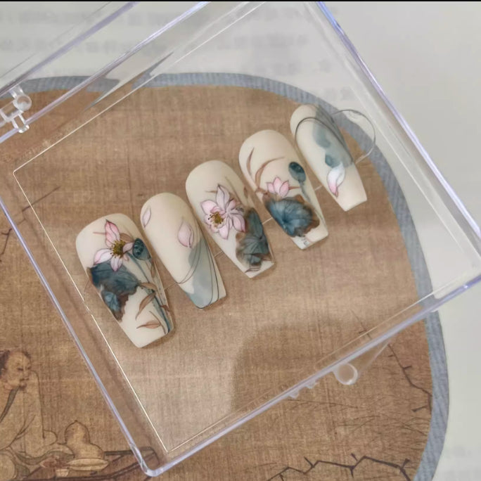 Hand-Painted Zen Style Lotus Nail Art Kit with Armor Design - Multiple Sizes