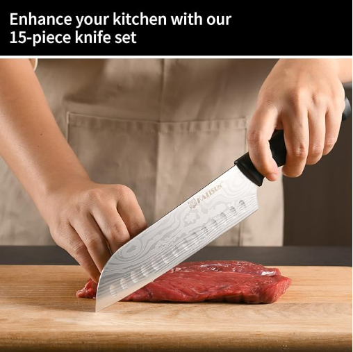 15-Piece Damascus Kitchen Knife Set with Block & Sharpener