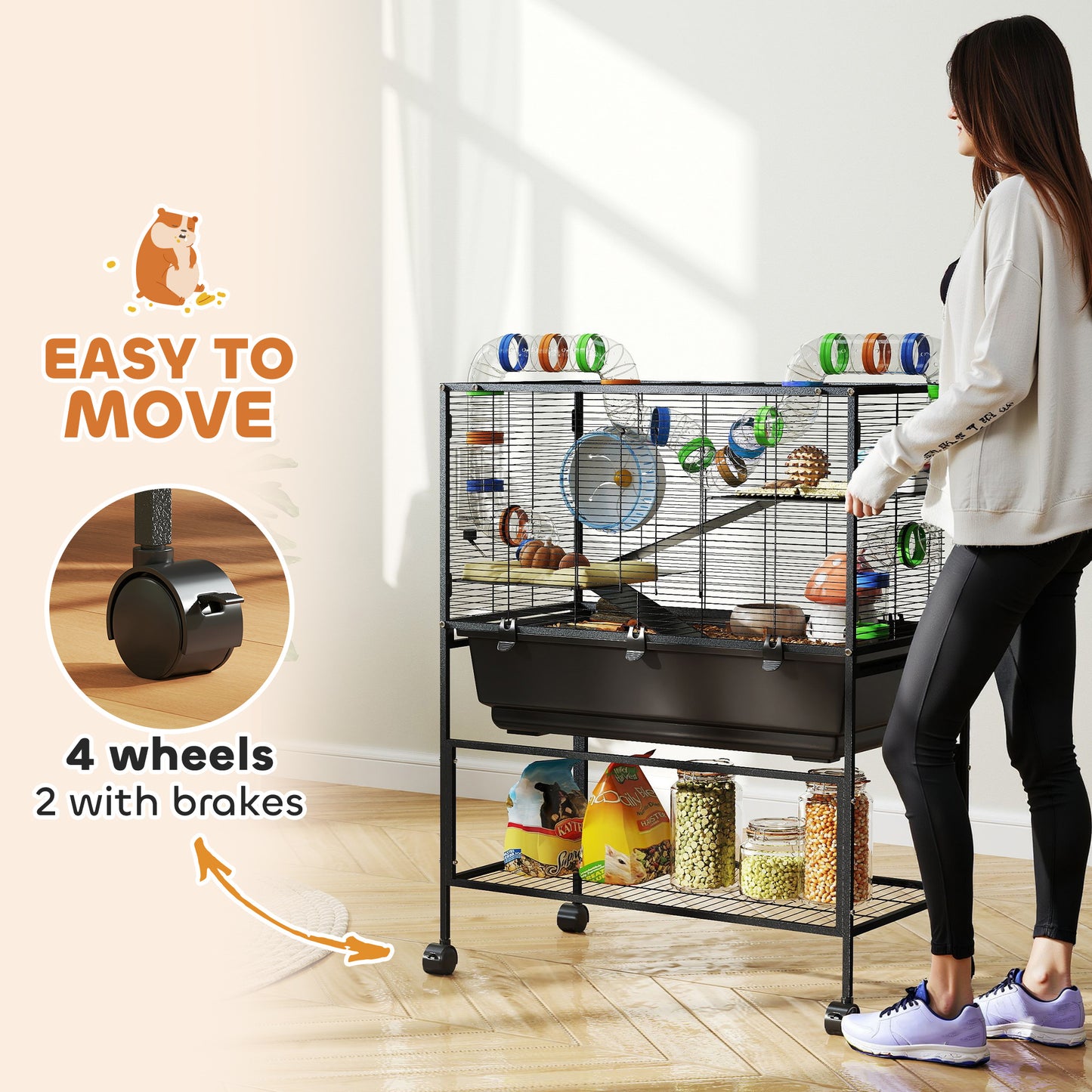 3-Tier Hamster Cage with Deep Tray, Exercise Wheel & Storage Shelf - Black