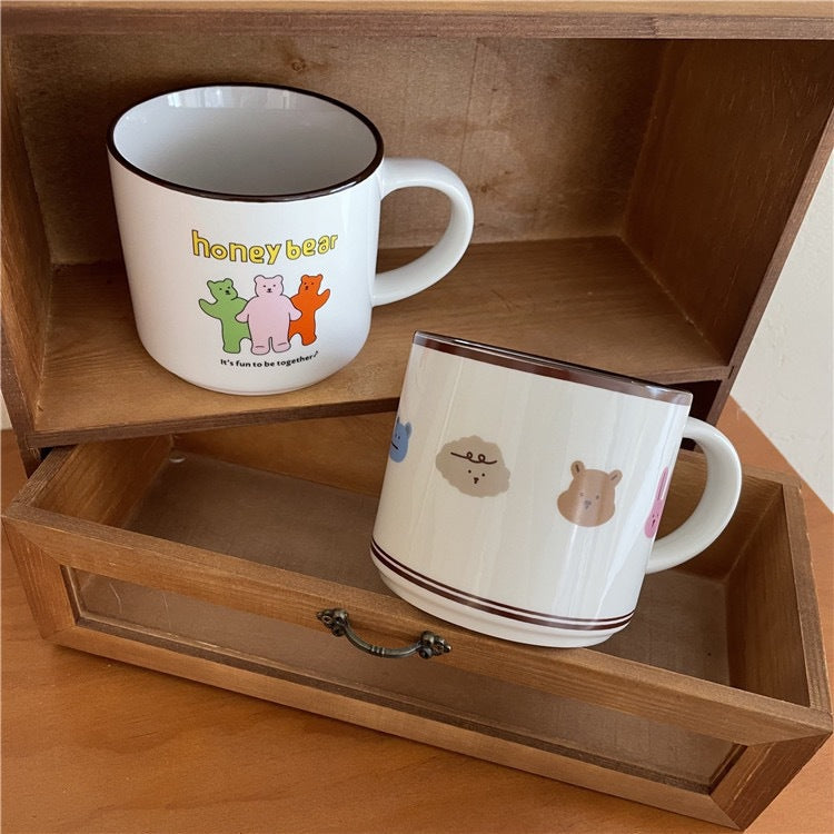 Large Capacity Ceramic Coffee Mug - Bear and Rabbit Cartoon Design