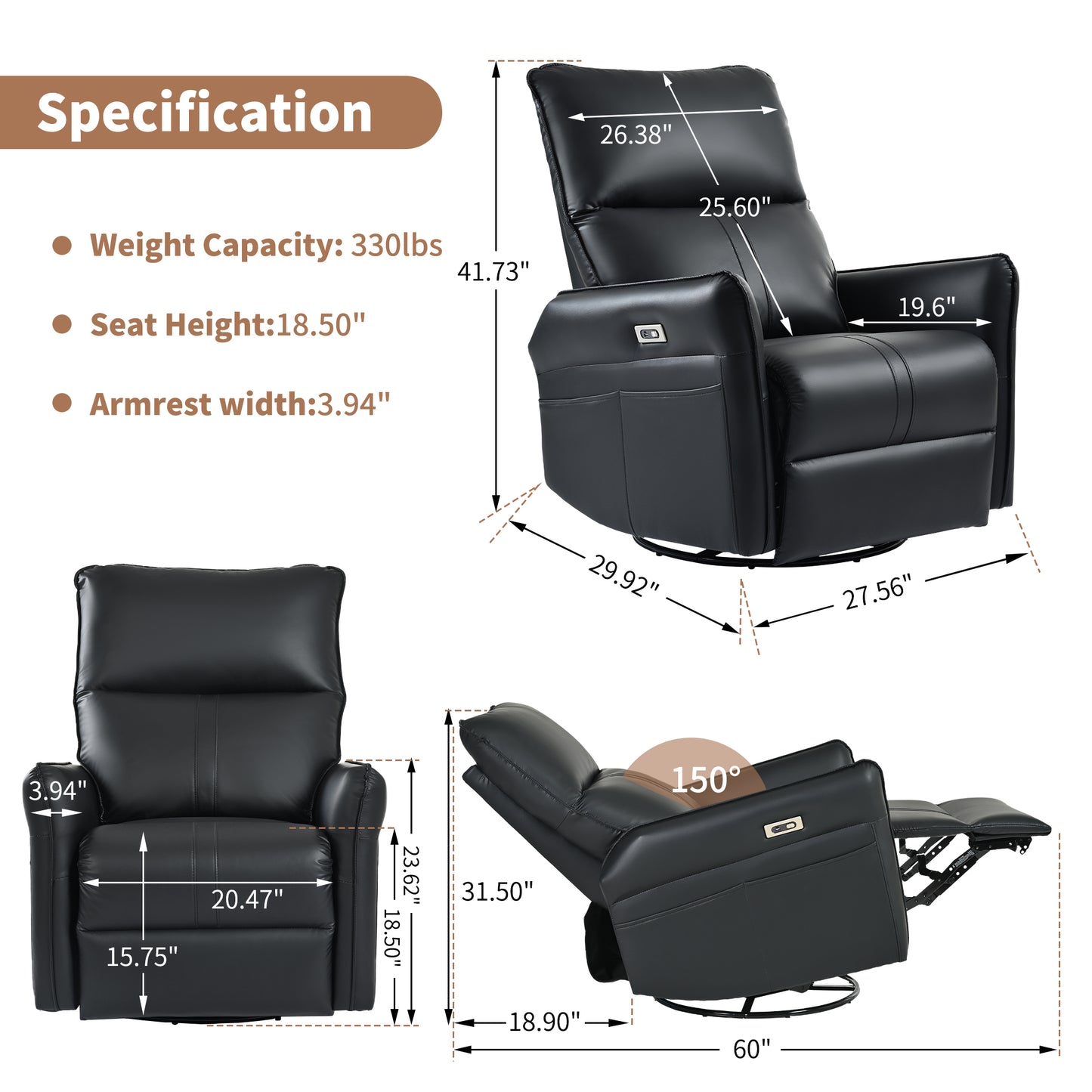 Power Swivel Rocker Recliner Chair for Adults - Black PU