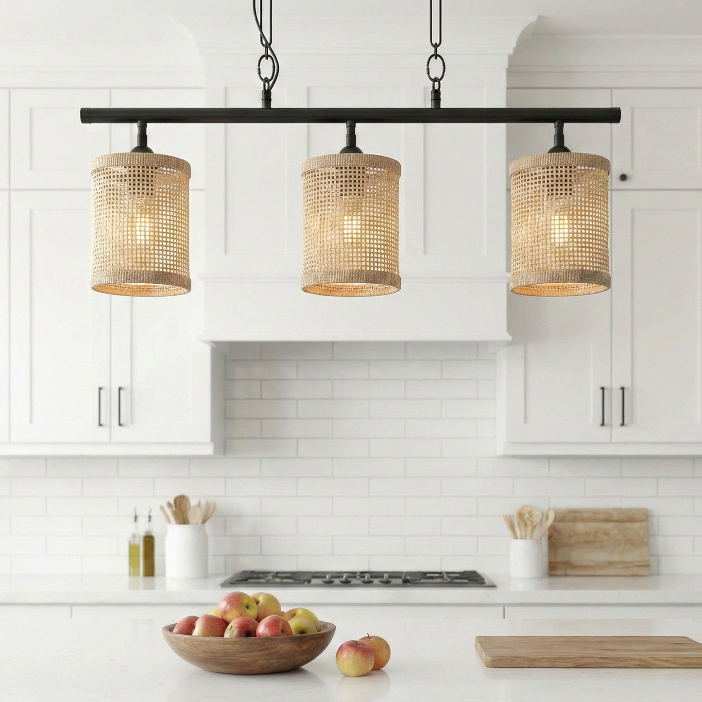 Elysian Three Lights Island With Natural Rattan Shade Farmhouse Chain