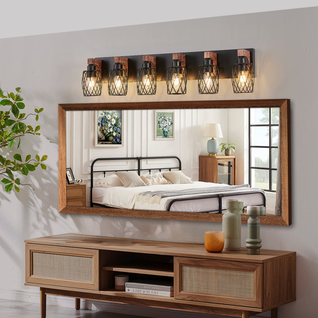 Industrial Vintage 6-Light Wall Sconce - Black Metal & Wood Accent