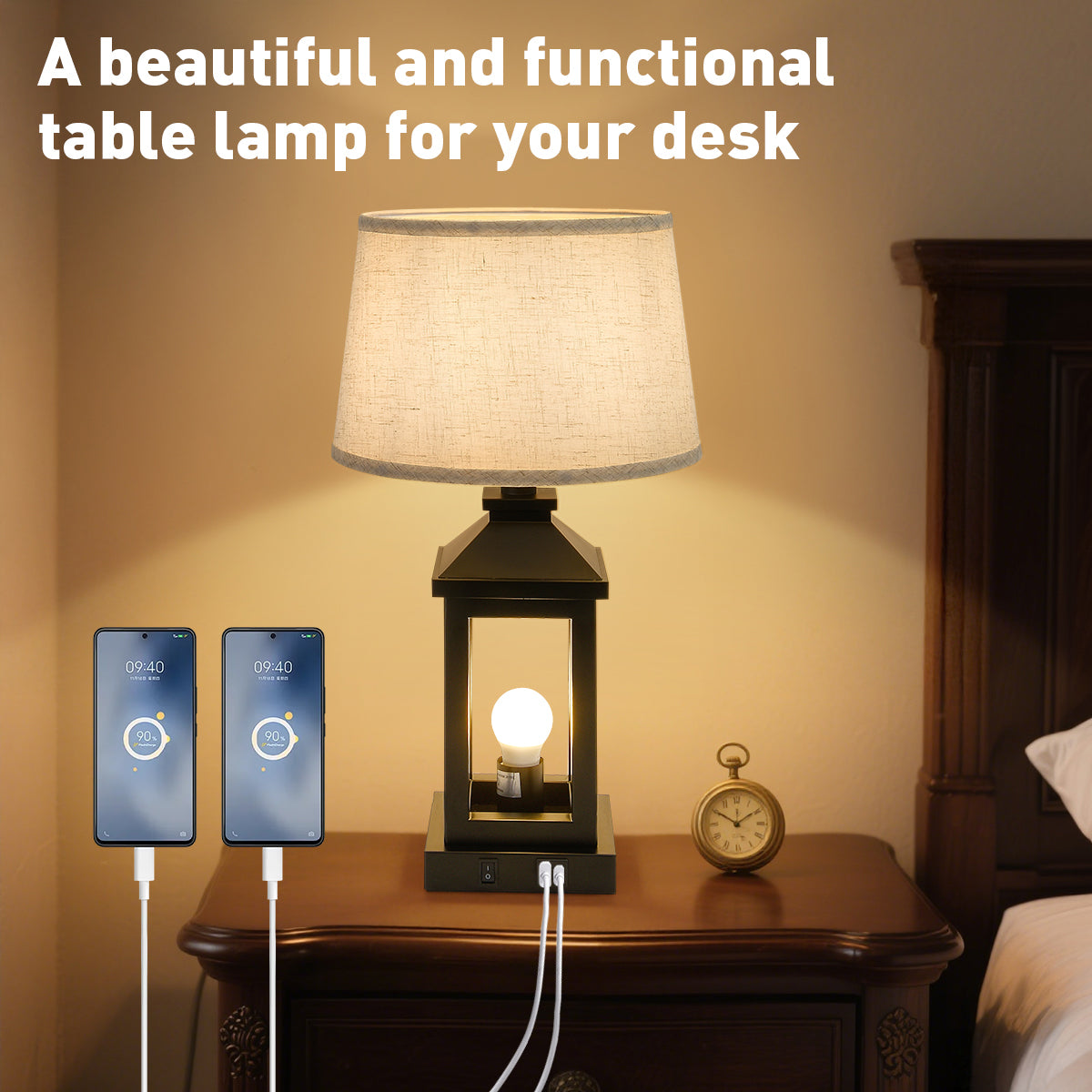 Dimmable Black Farmhouse Bedside Table Lamp with USB Ports