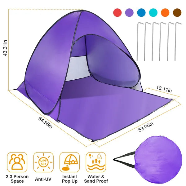 Automatic Beach Tent Canopy - UV Protection, Waterproof, Net Window, Purple