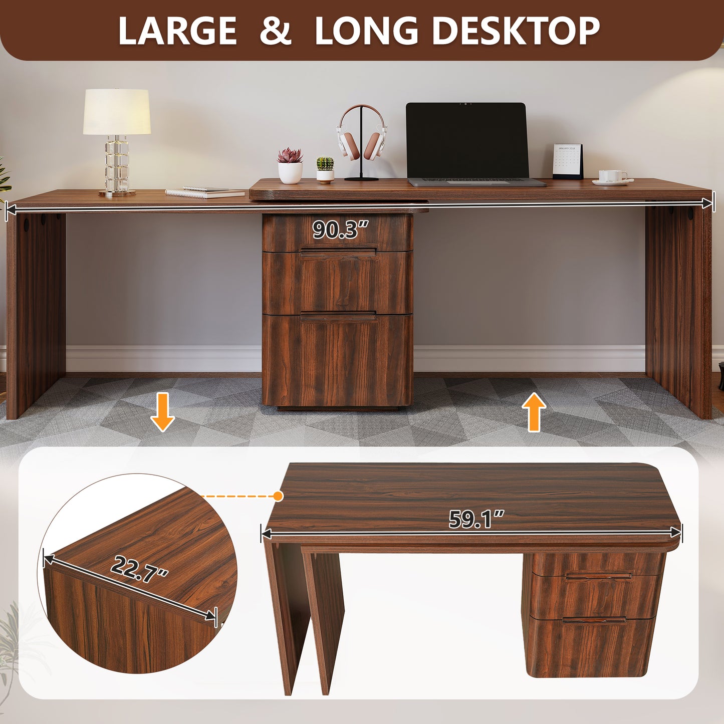 90 Modern L Shaped Desk In Walnut With 3 Drawers,360 Wood Rotating