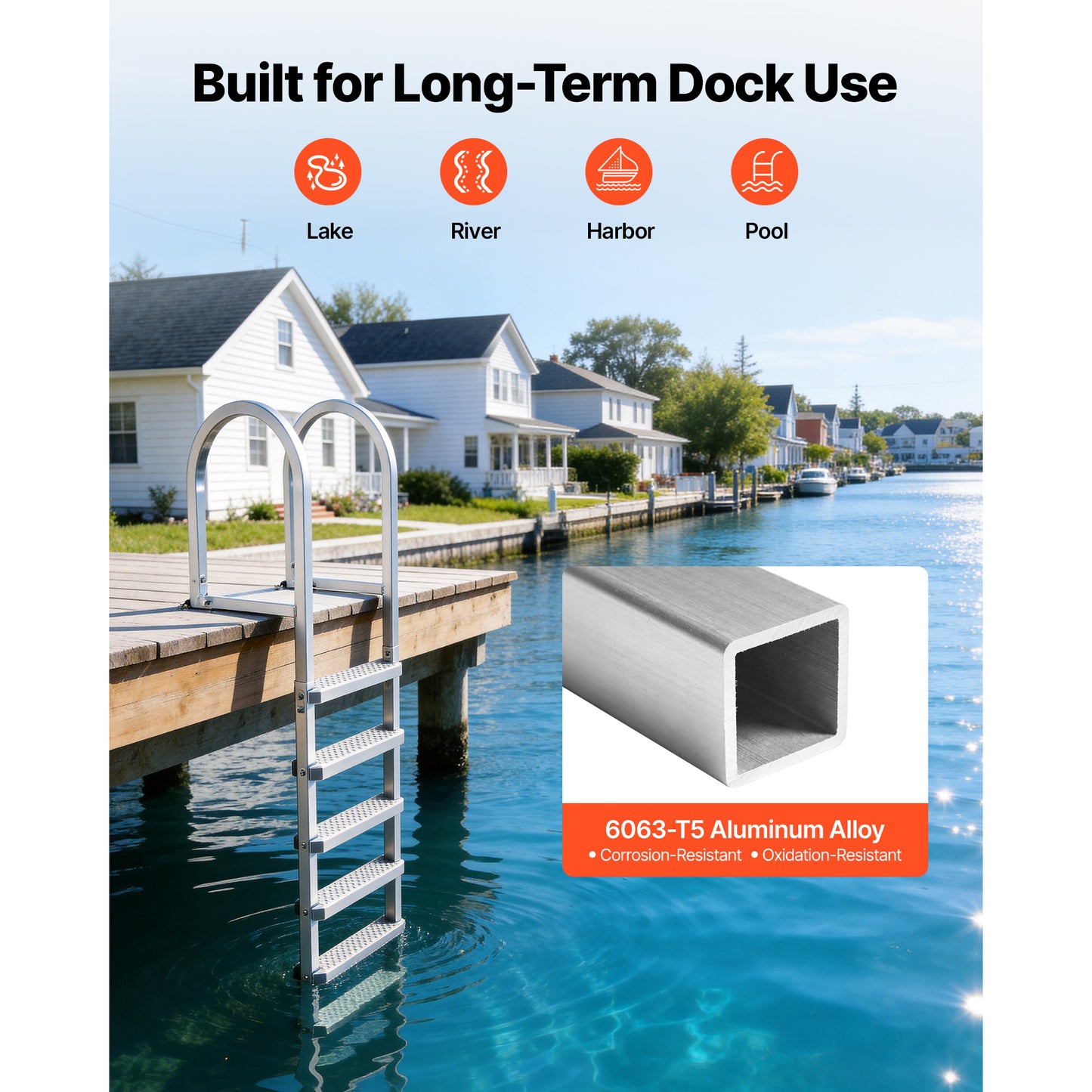 Removable Aluminum Dock Ladder - 5 Steps, Non-Slip Pool & Marine Boarding Ladder