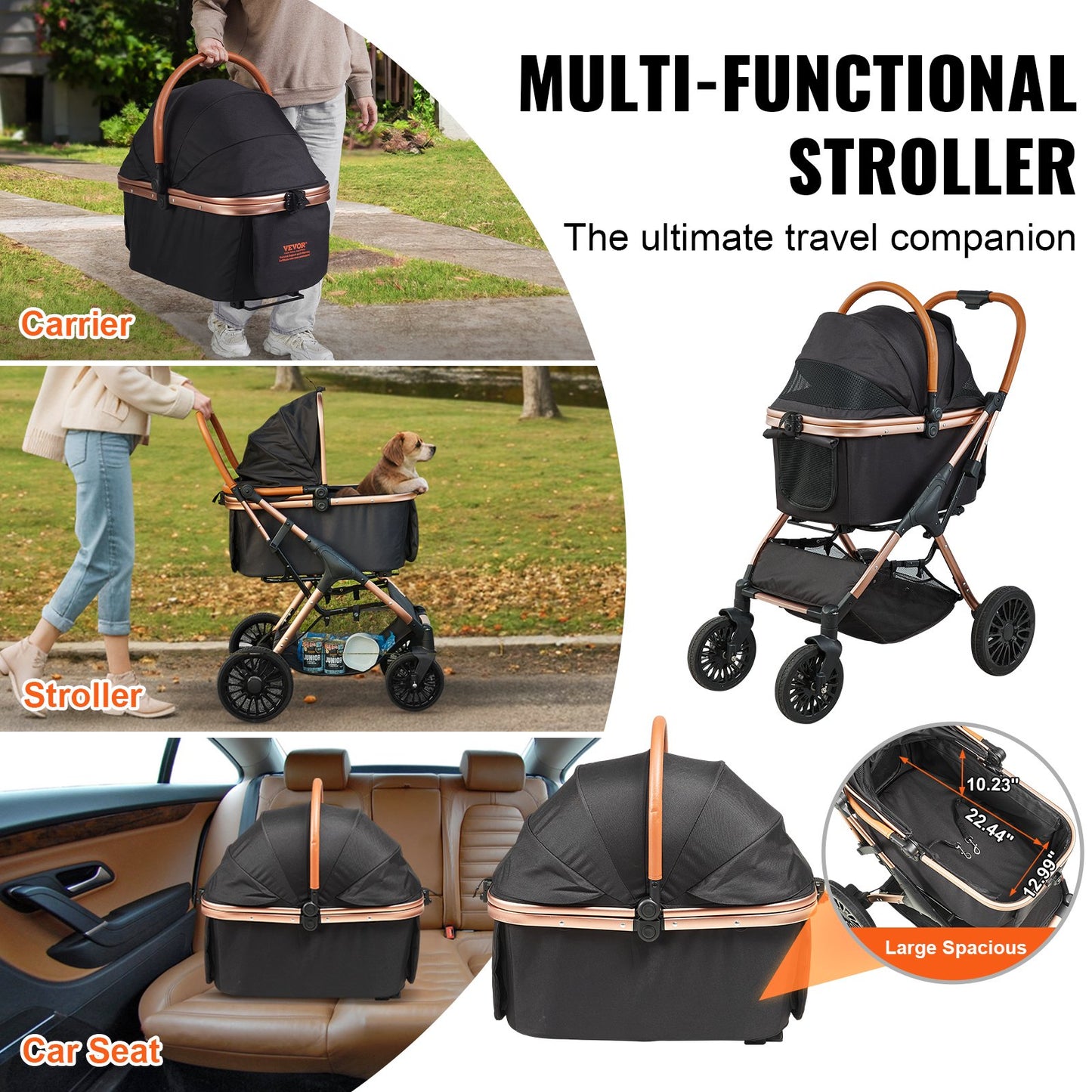 Pet Stroller with Detachable Carrier, 4 Wheels, 66 lbs Capacity, Black