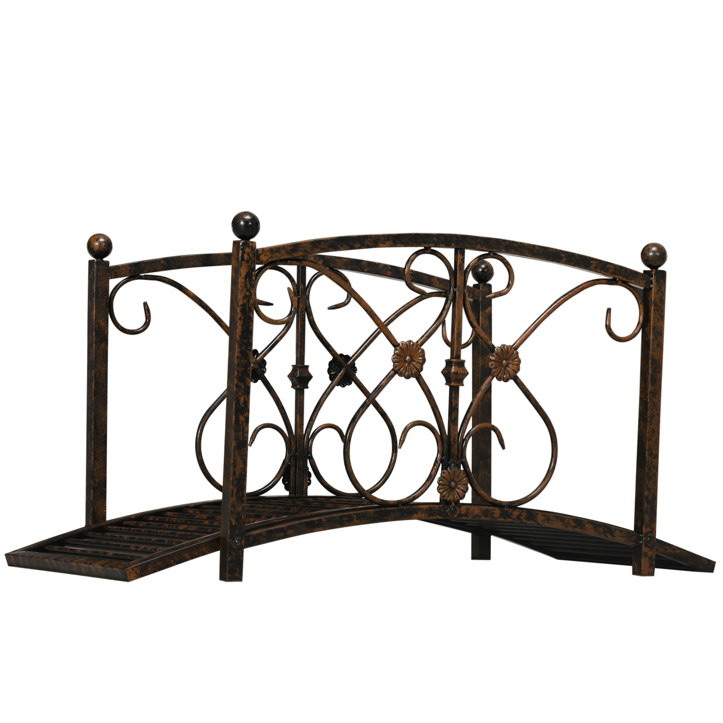 Metal Garden Bridge with Safety Railings - Vintage Style Pond Footbridge Brown