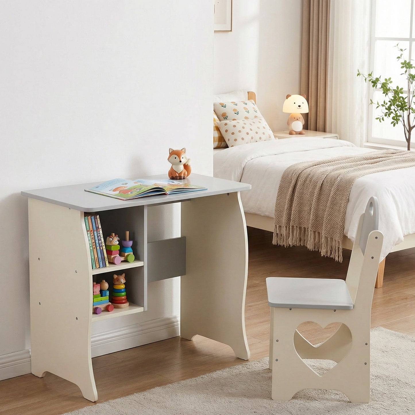 Kids Desk And Chair Set Multifunctional White Grey Toddler Student