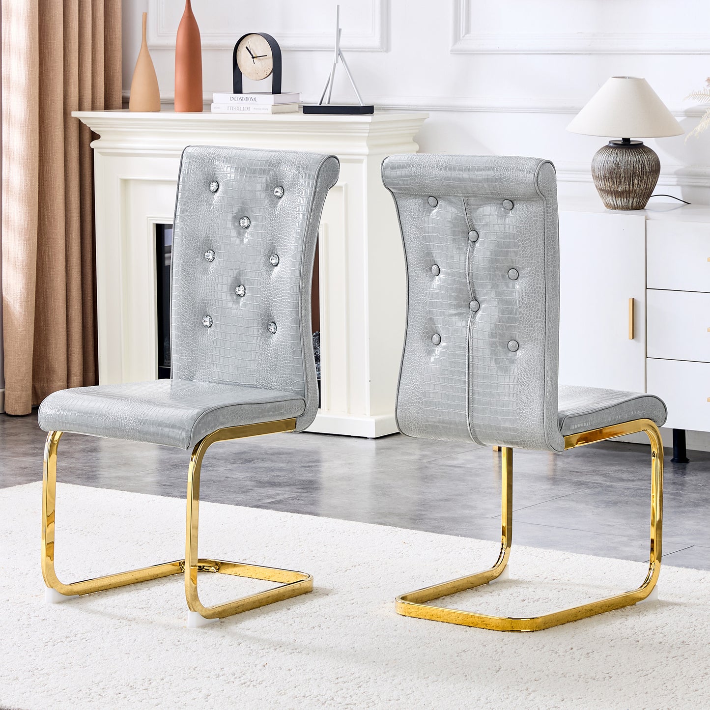 Set Of 4,Retro Alligator Skin Upholstered Dining Chairs,with Crystal