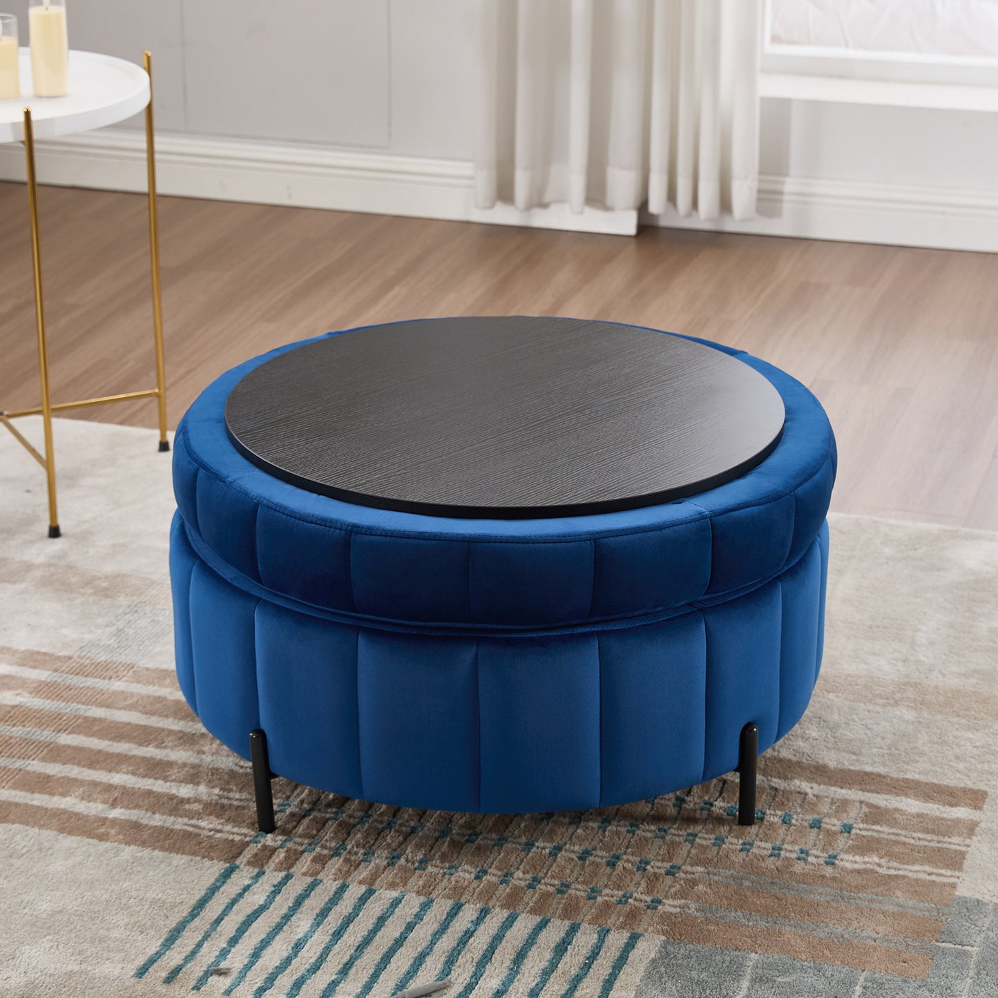 Upholstered Round Ottoman with Reversible Lid - Navy Velvet Storage Stool