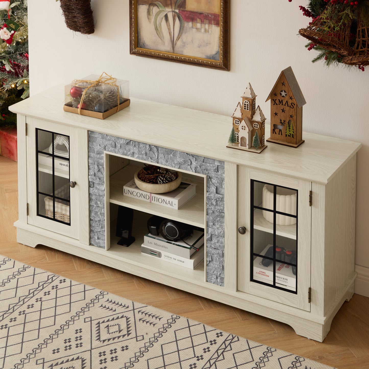 58 Modern TV Stand With 2-Door Storage, Faux Stone Media Console