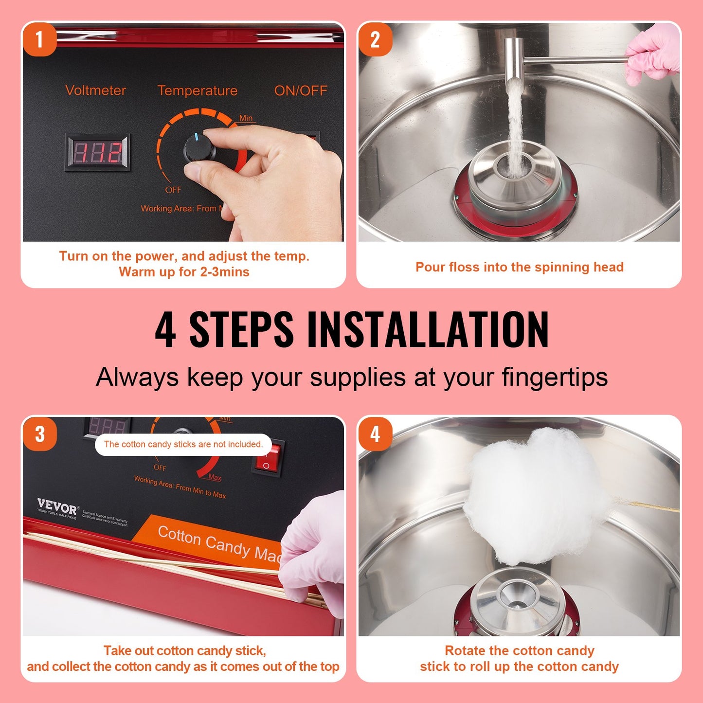 Electric Cotton Candy Machine 1000W Commercial Candy Floss Maker with Stainless Steel Bowl - Red