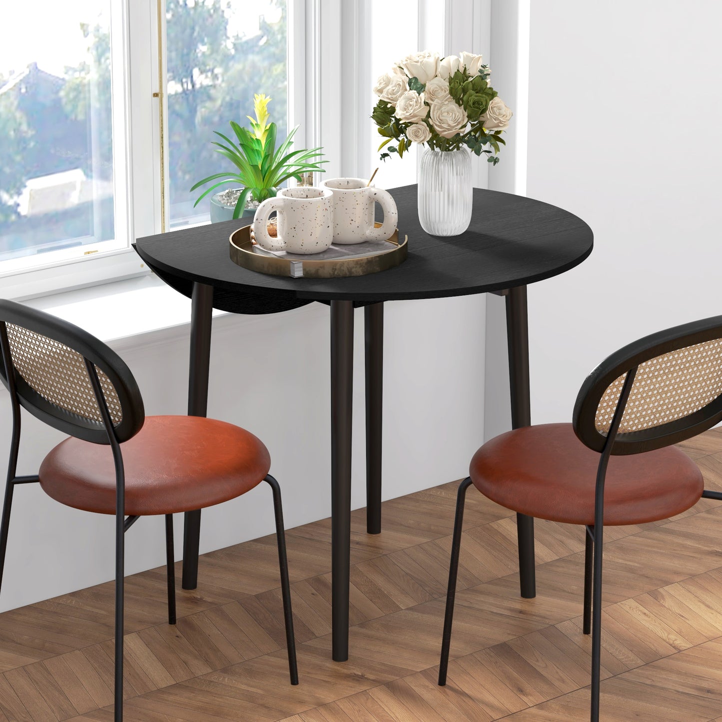 Round Drop Leaf Folding Dining Table - Distressed Black