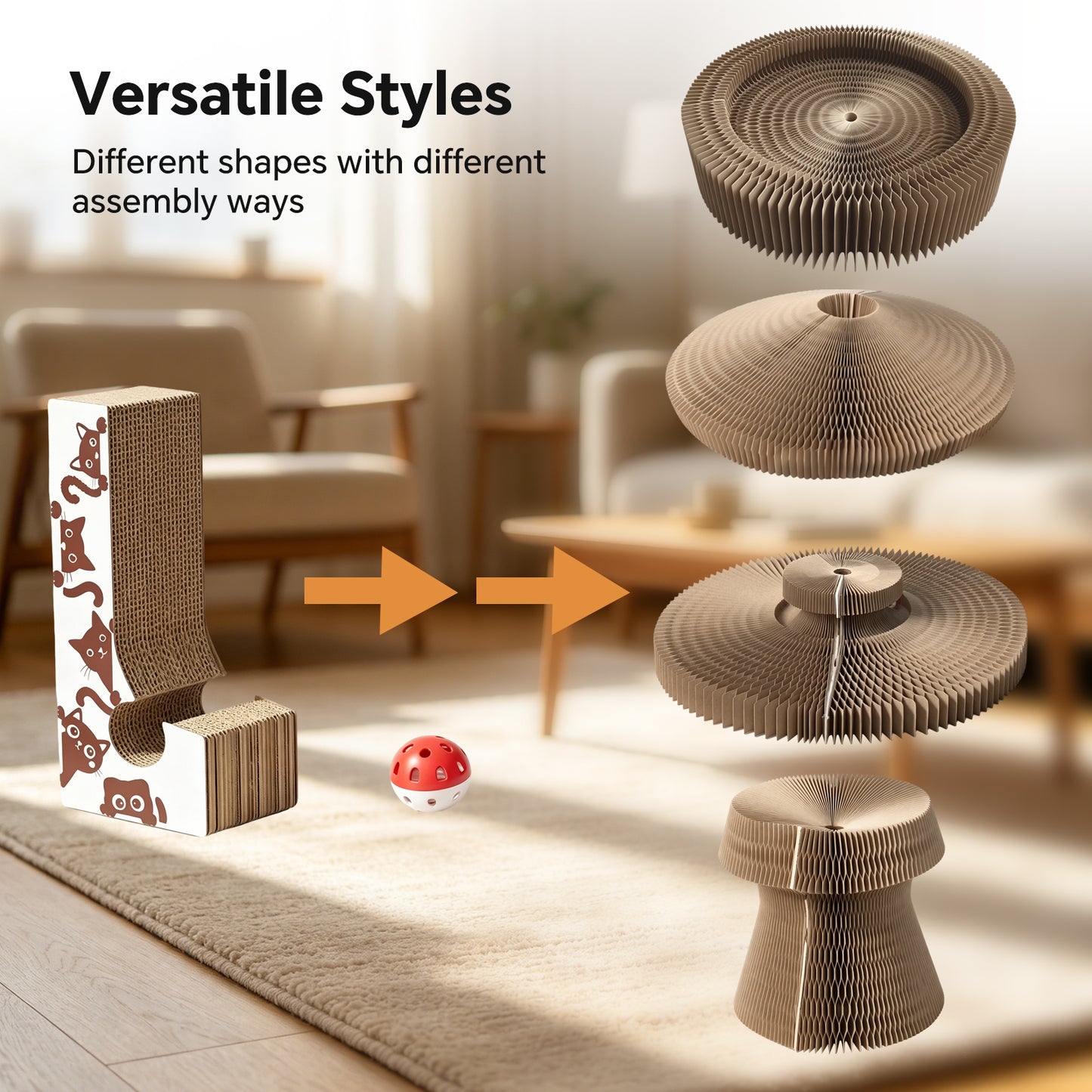 Foldable Cat Scratcher Toy with Rolling Bell Ball - Interactive Cardboard Claw Furniture