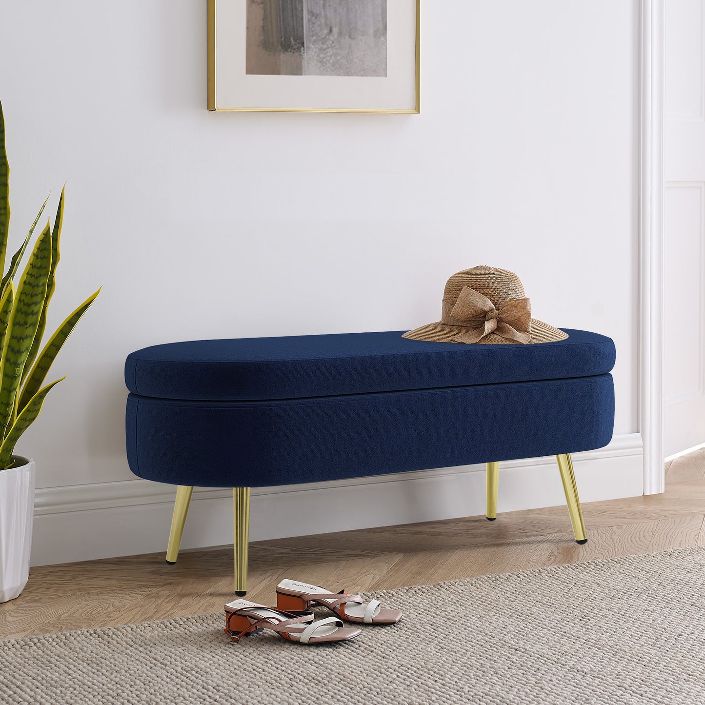 Ottoman Storage Bench - Dark Blue Flannel with Metal Legs