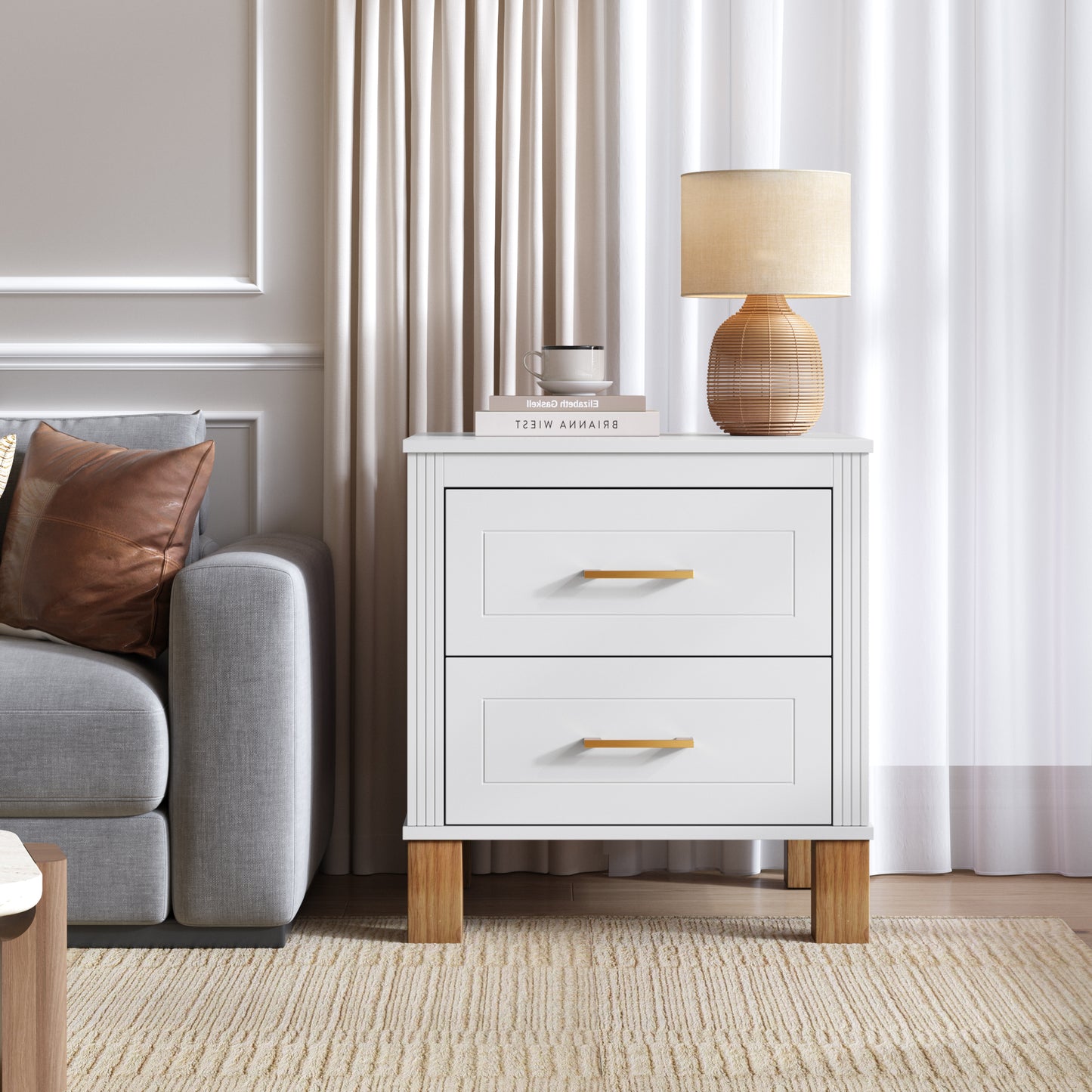 2 Drawer Nightstand with Elegant Fluted Design - White