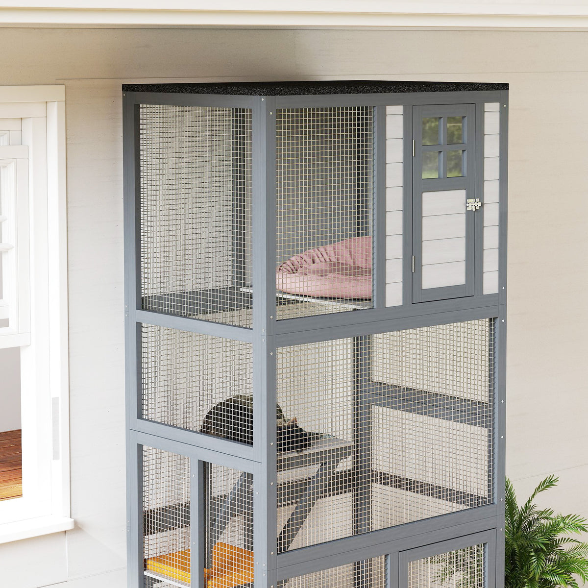 74-Inch Wooden Outdoor Cat House with High Weight Capacity and Weatherproof Design - Dark Gray