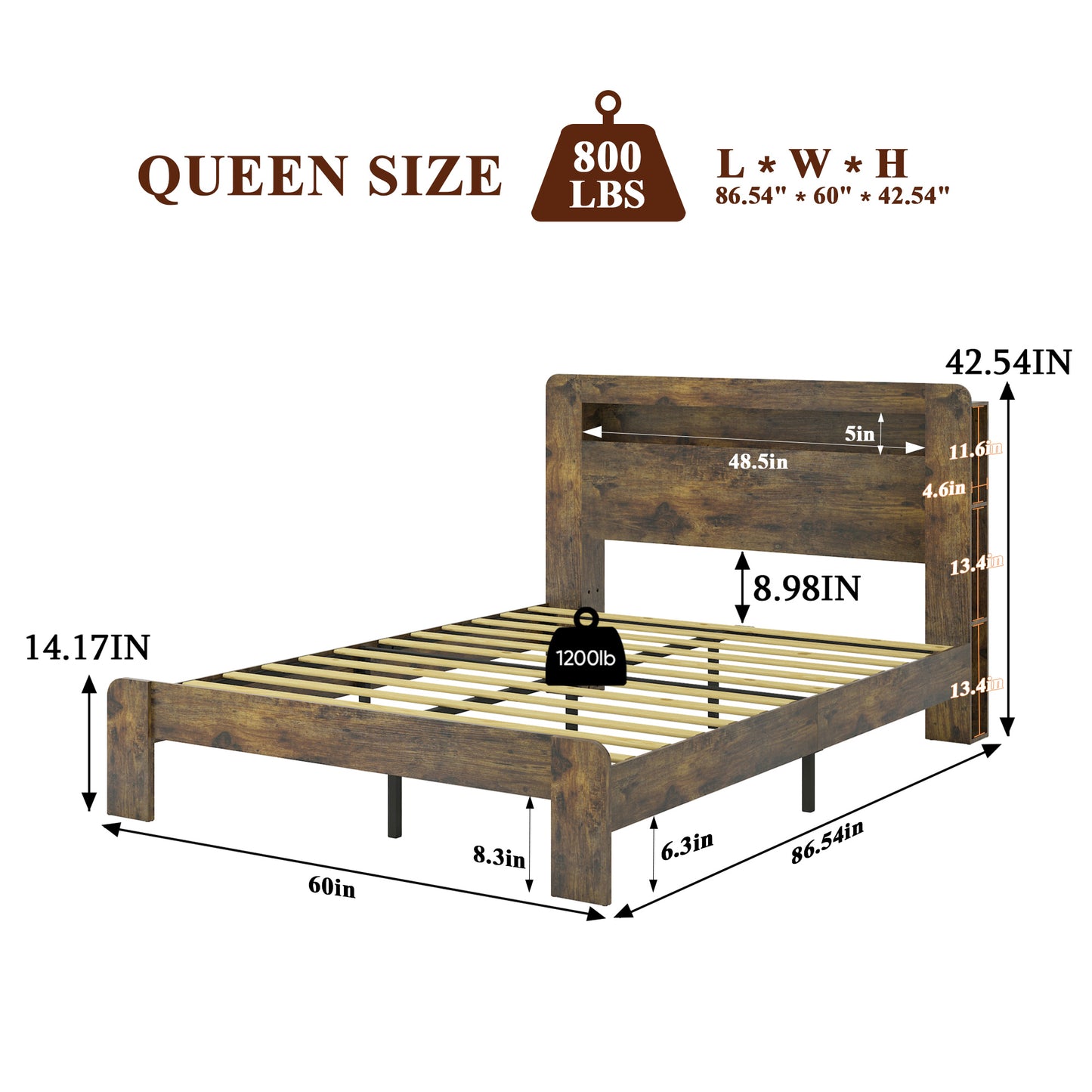 Queen Platform Bed Frame with LED Headboard, USB Ports & Storage