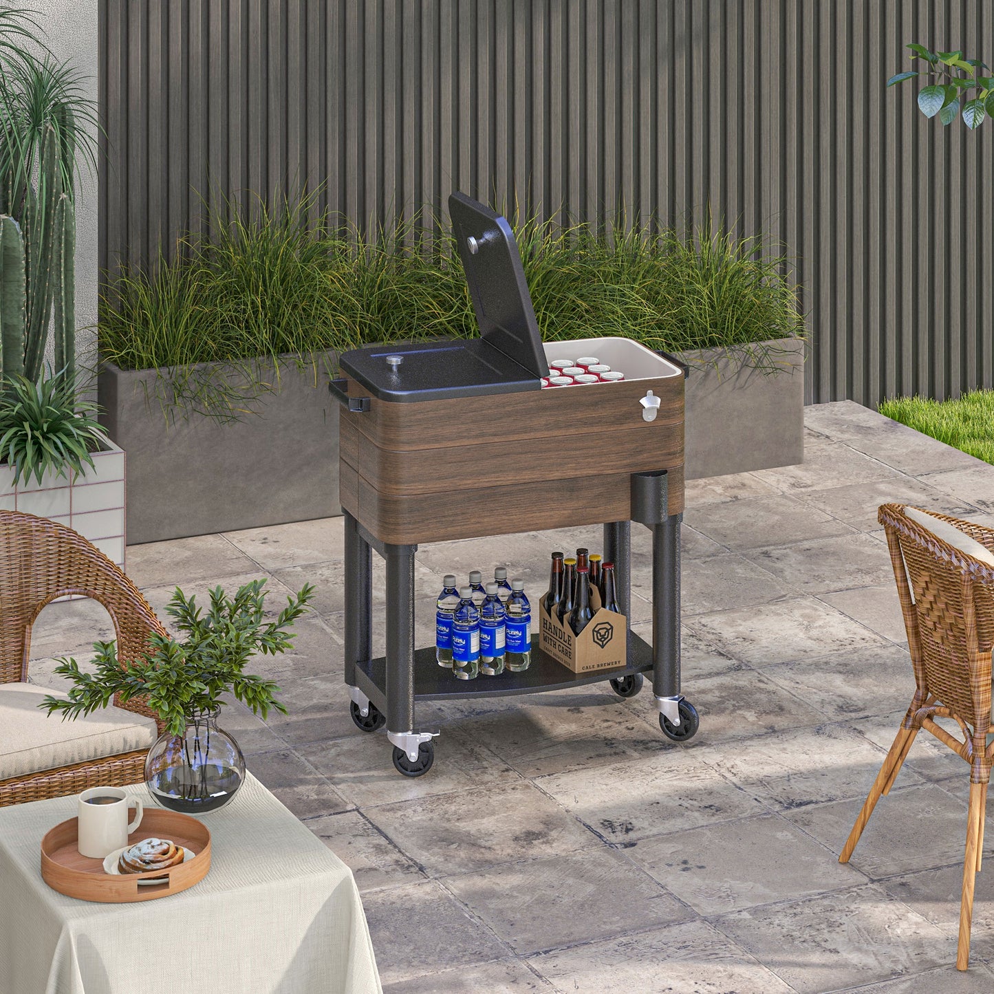 60 Quart Outdoor Cooler Cart with Bottle Opener - Brown