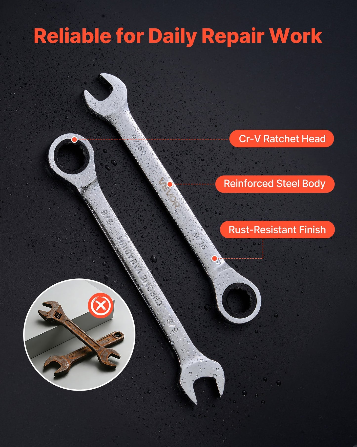 16-Piece SAE Combination Wrench Set with Ratchet, Open End, Steel, Black