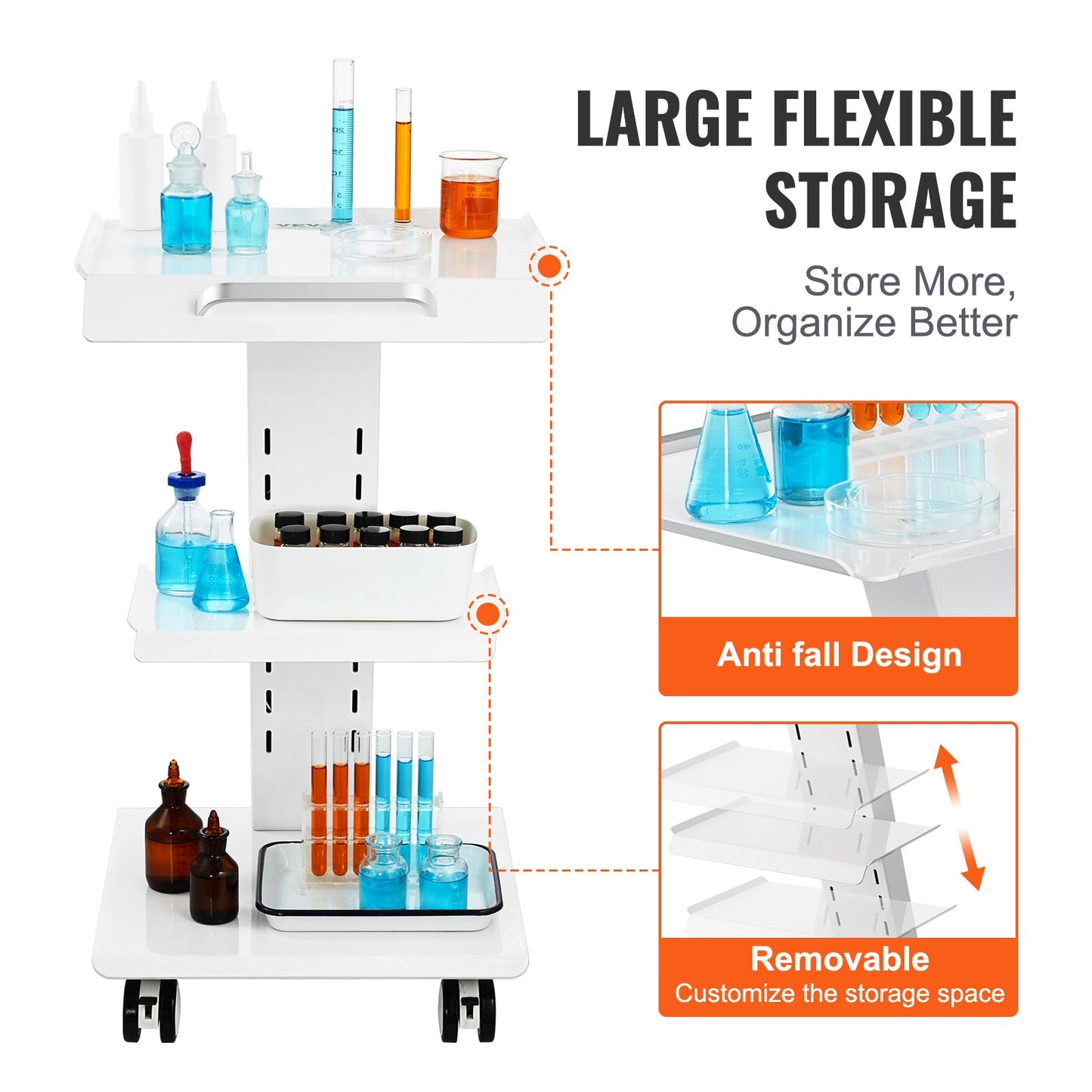 Mobile Lab Trolley with Built-In Socket - 3-Tier Rolling Cart - White