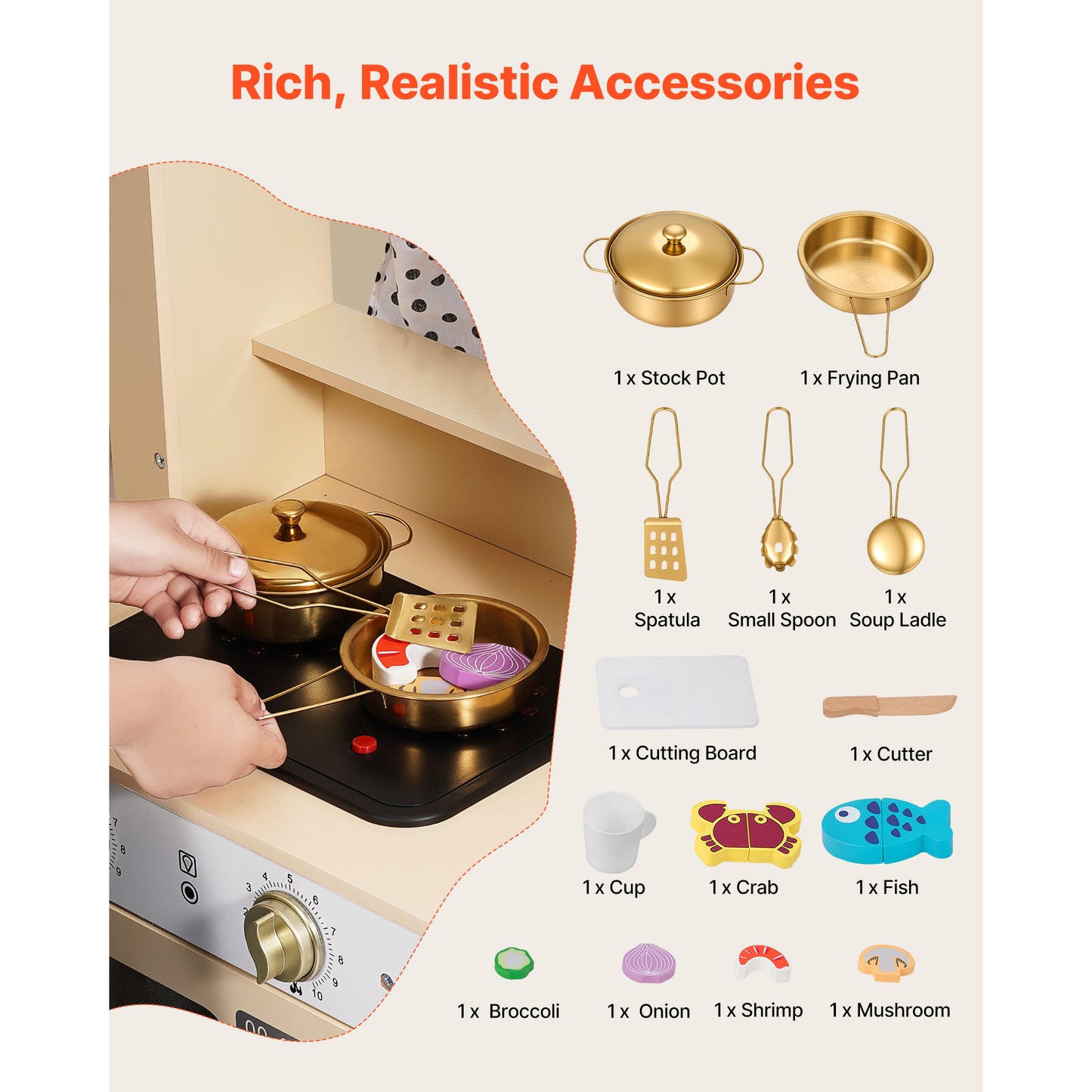 Wooden Play Kitchen Set for Kids with Lights & Sounds - Pretend Food & Cookware