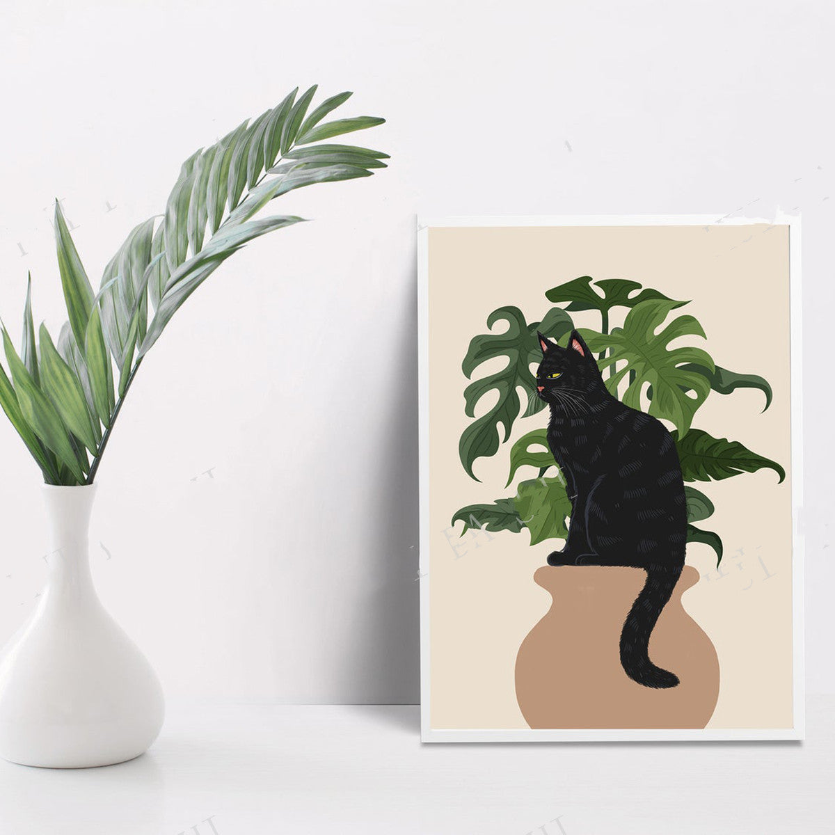 Cat and Plant Wall Art Canvas Painting - Frameless Home Decor