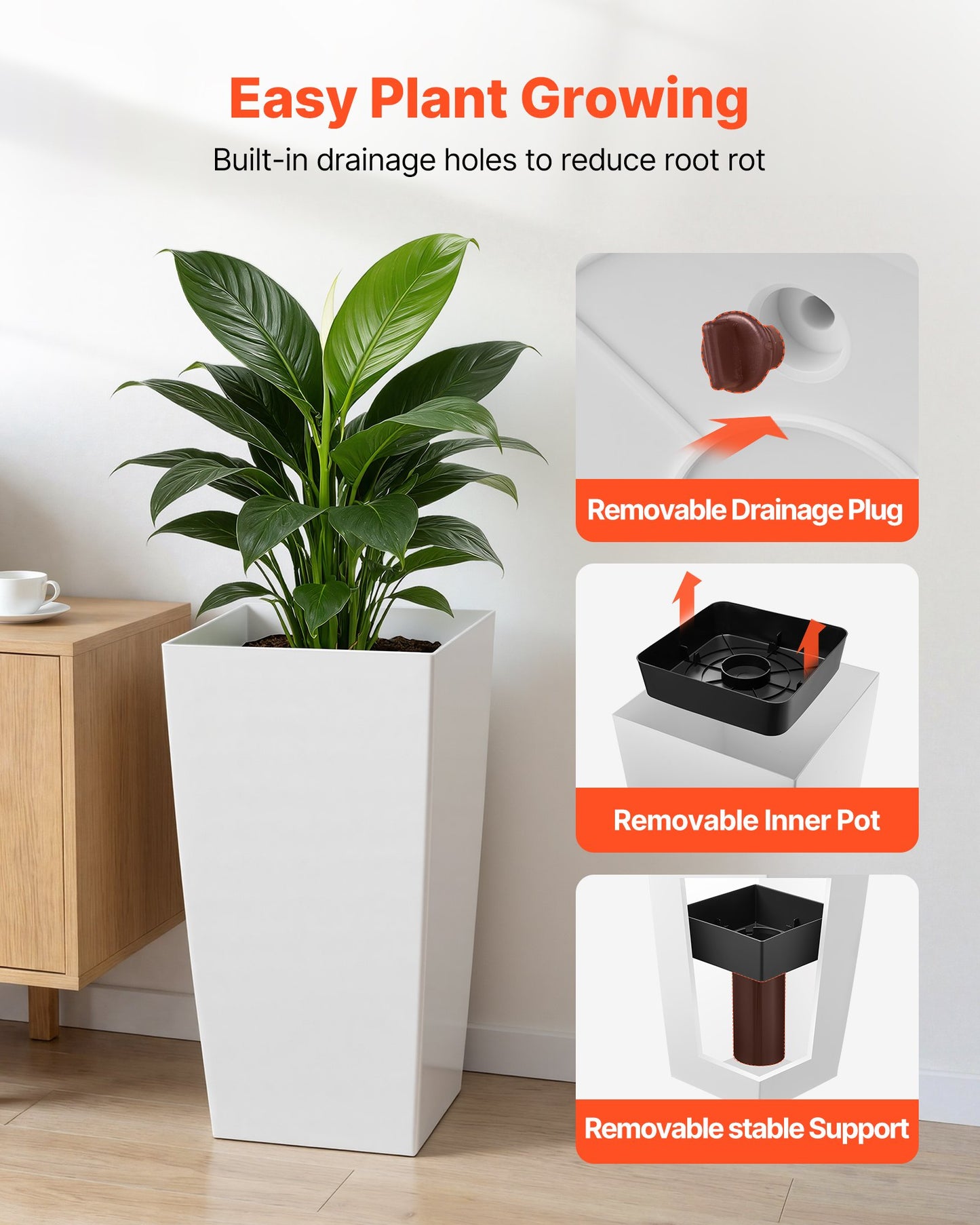 Tall Outdoor Planters Set of 2 - 30 Inch Modern Taper Flower Pots with Casters, Drainage Holes, Indoor & Outdoor Use, Black