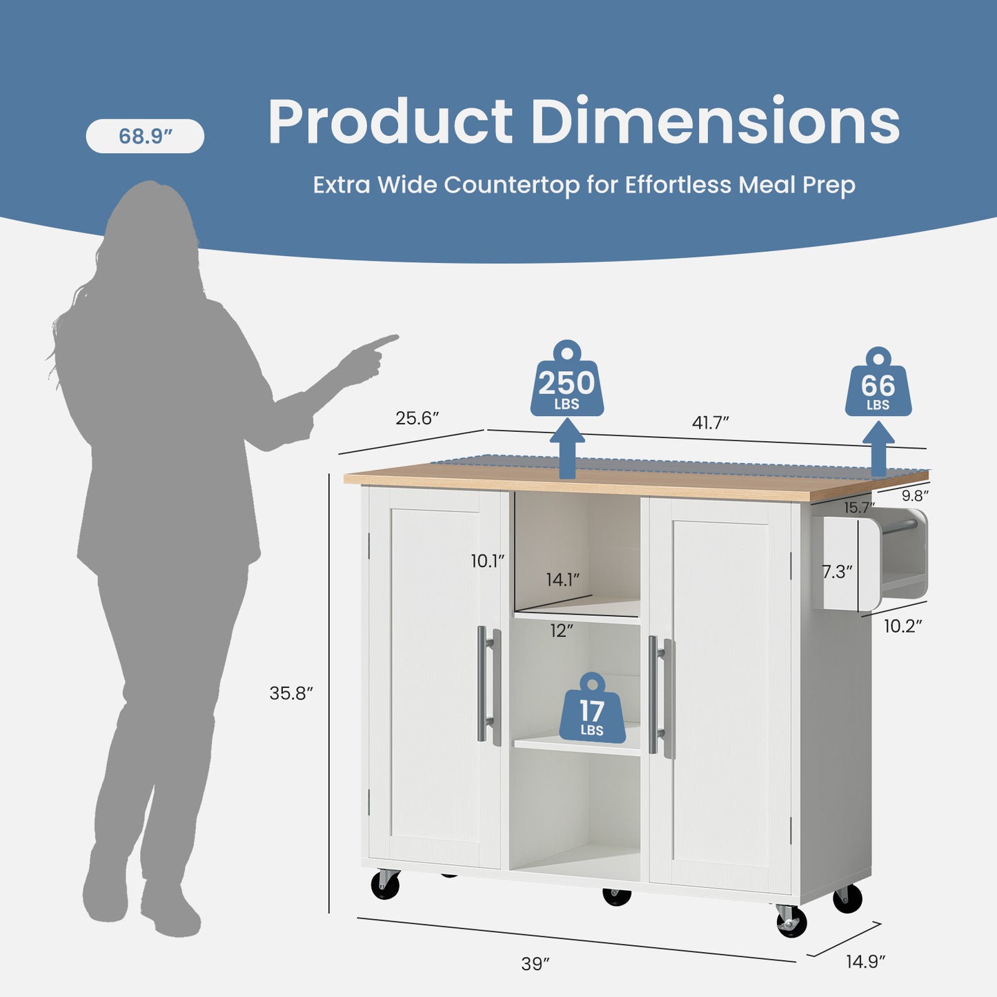 Rolling Kitchen Cart with Storage and Drop Leaf Tabletop