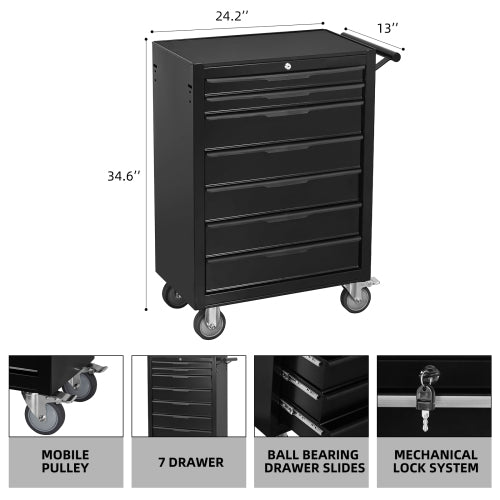 7-Drawer Rolling Tool Chest with Lock - Large Metal Storage Cart - Black
