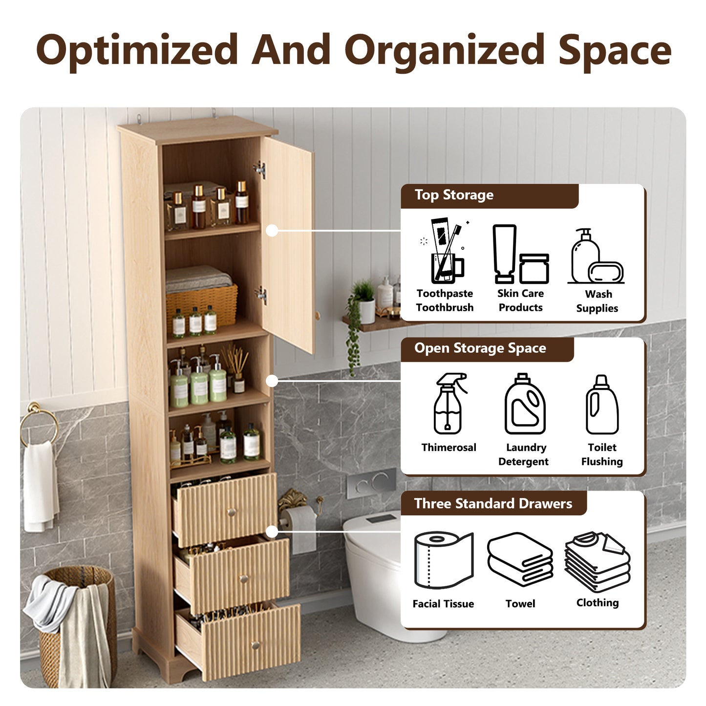 67.7" Tall Freestanding Bathroom Cabinet - 1 Door, 3 Drawers, Gold Metal Handles