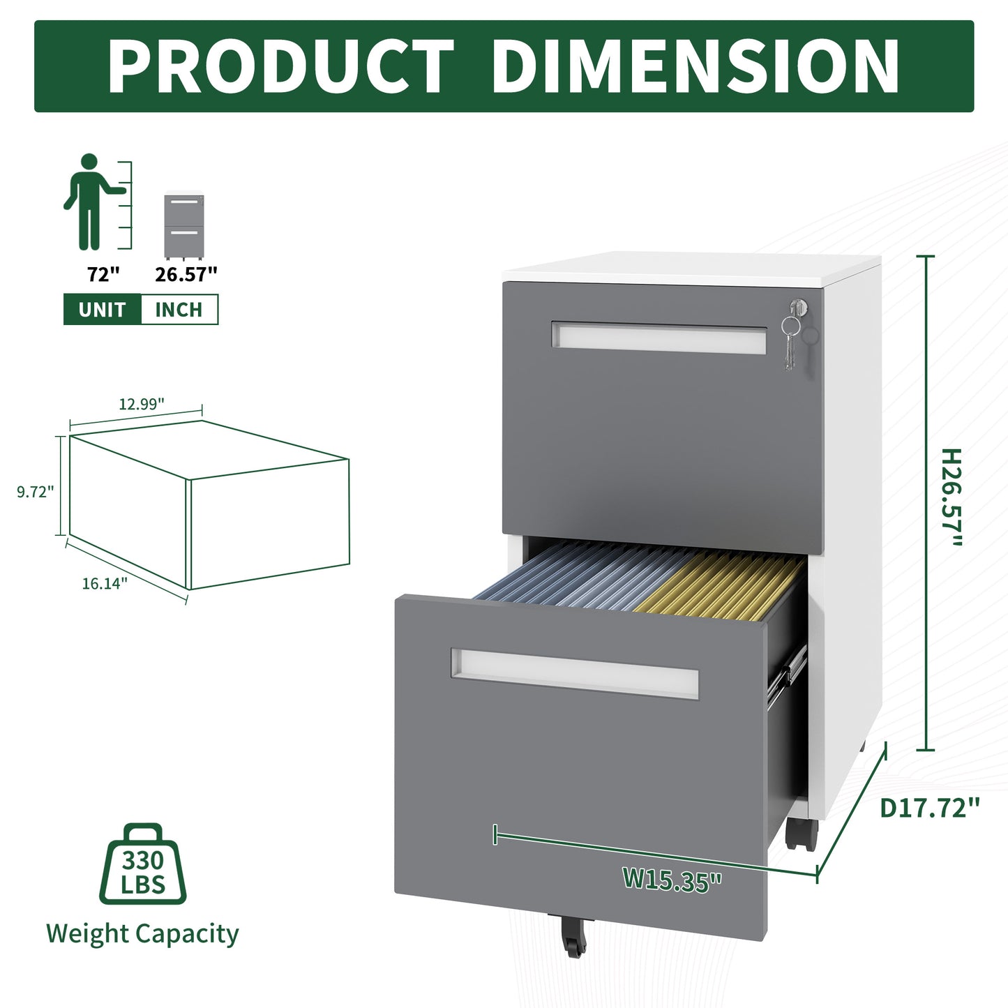 2-Drawer Mobile File Cabinet With Lock, All-Steel Metal Storage On