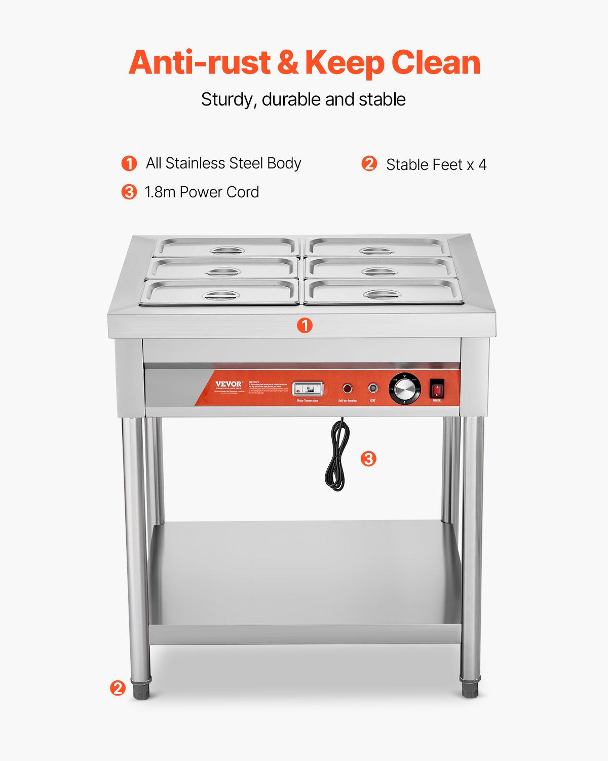 Commercial Electric Food Warmer with 6 Pans & Undershelf, Silver