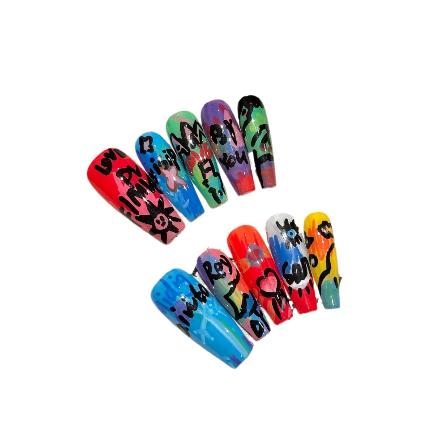 Graffiti French Style Press-On Nails - Long Wearable Nail Art Kit