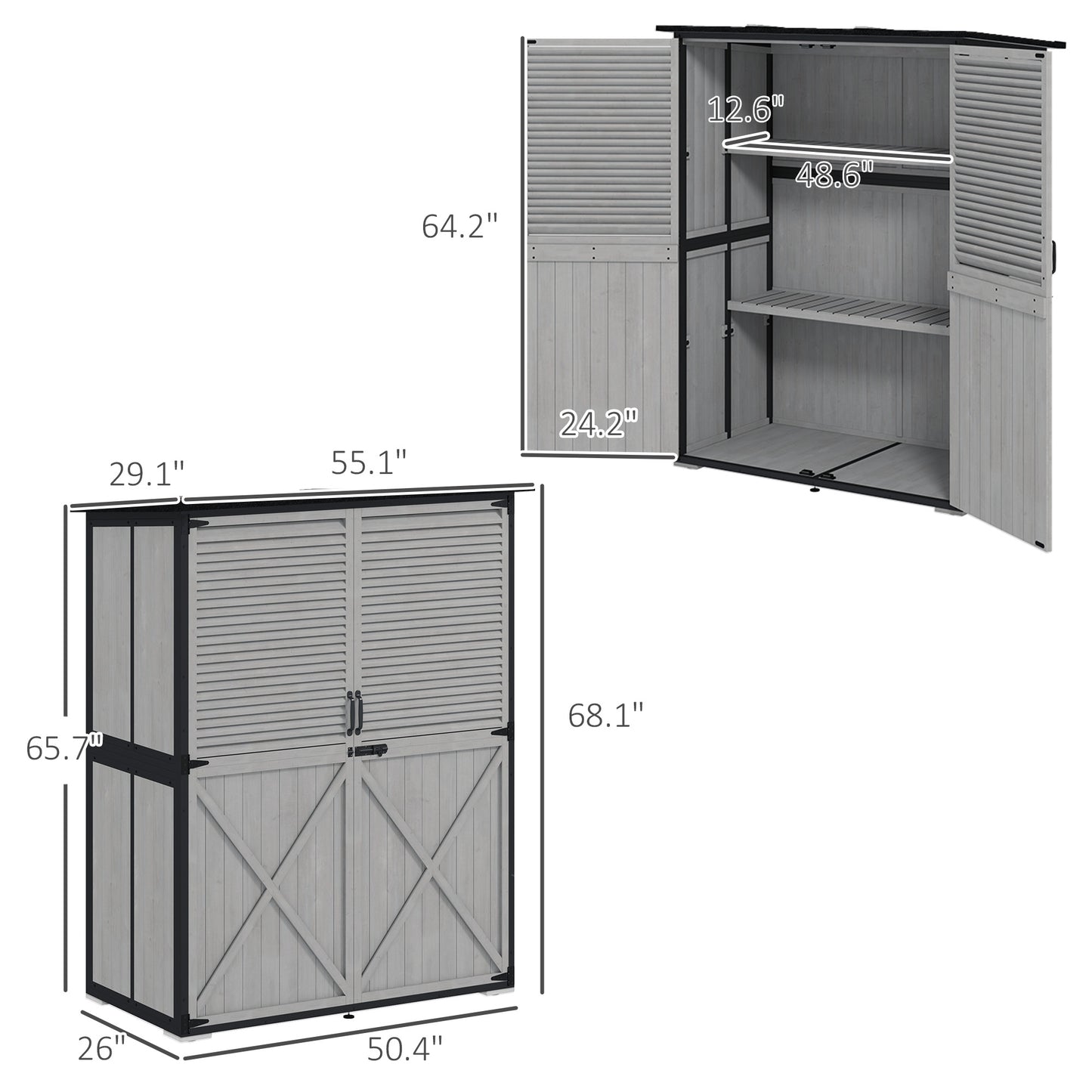 Wood Storage Shed, Outdoor Garden Shed With Asphalt Roof, 2 Shelves,